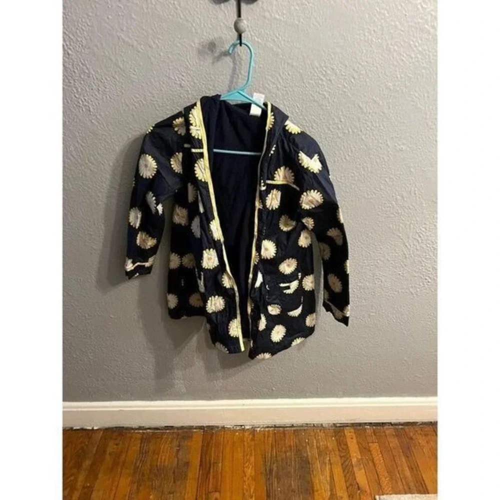 Girls navy‎ blue yellow white sunflower rain jacket size large 10/12
